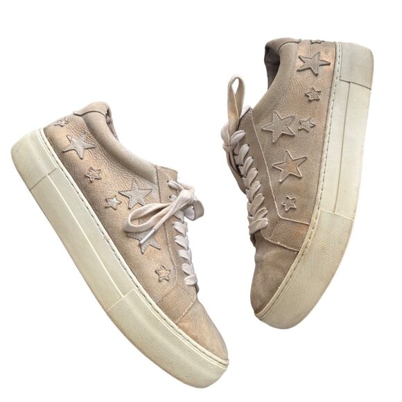 J/SLIDES Star Sneakers Size 8.5 Gold Metallic Leather Lace-up Platform - Picture 1 of 11